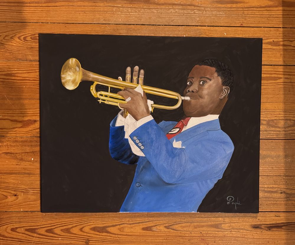 A painting of a man in a blue suit playing a trumpet