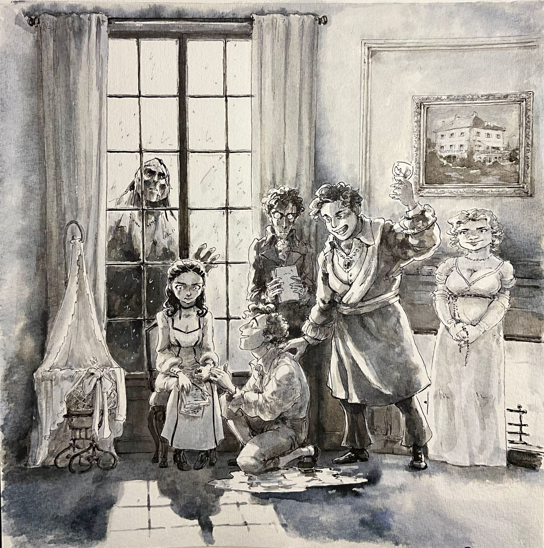 Title art for 'Fantasmagoriana' featuring the romantic writers, by Rebecca Morse 