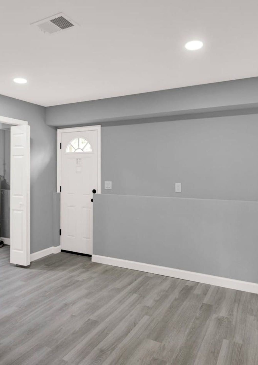 Gray-painted basement room with a white door, white trim, and gray wood-look flooring.