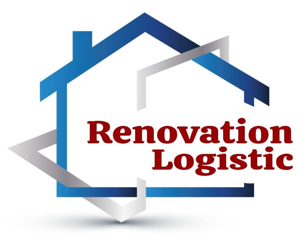 Logo for Renovation Logistic. Blue and gray house outline with red text.