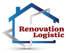 Logo for Renovation Logistic. Blue and gray house outline with red text.