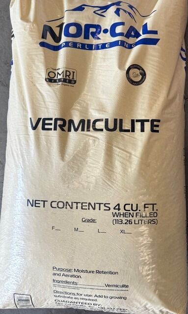 Bag of Nor-Cal vermiculite; net contents 4 cu. ft. Beige bag with blue lettering and logos.