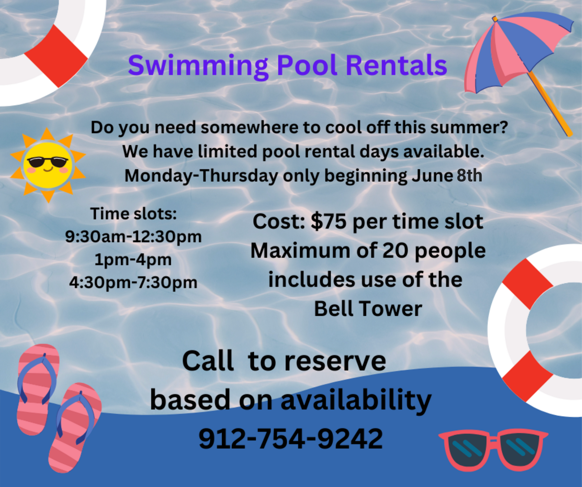 Swimming pool rental advertisement with text on a blue water background. Details include time slots, cost, and phone number.