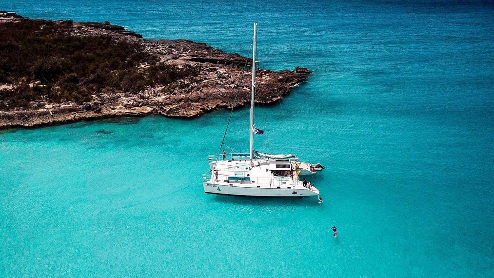 Aerial image of Random Wind catamaran anchored in St Maarten