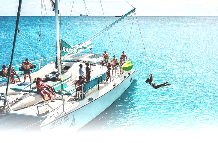 Group of people on the catamaran charter in the Caribbean