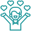 teal man raising arms with hearts in air icon