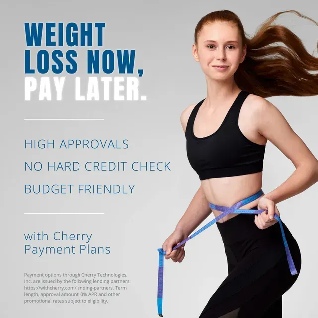 Ad for weight loss with a woman measuring her waist. Text: Weight loss now, pay later.