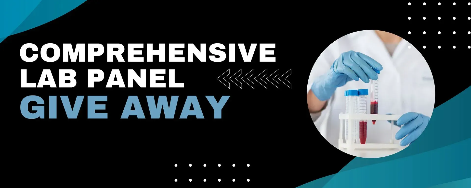 Comprehensive lab panel giveaway ad. Person in lab coat holding test tubes. Black, teal, and white colors.