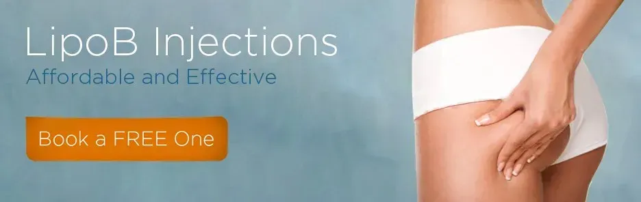 Advertisment for LipoB injections with a woman holding her thigh, and an orange button that says Book a FREE One.