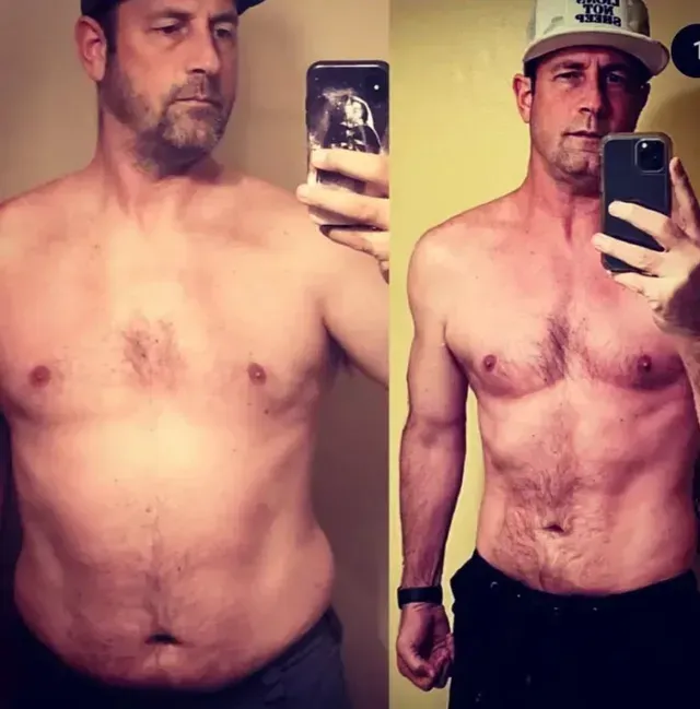 Comparison of a shirtless person before and after weight loss, holding a phone.