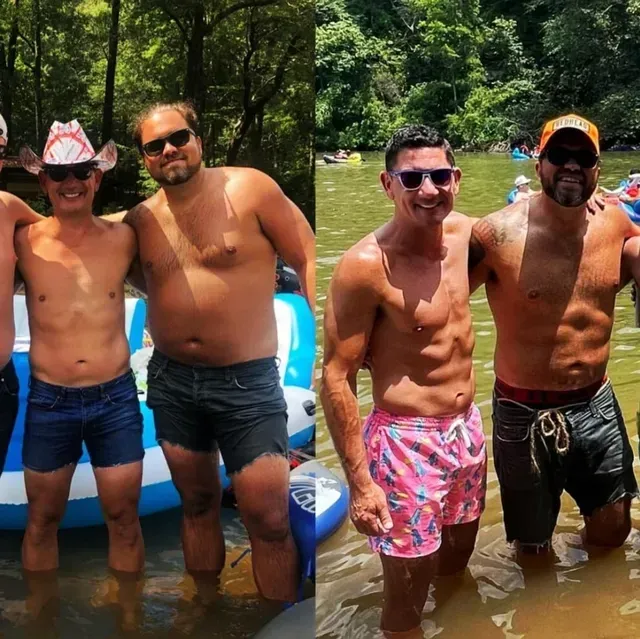 Two men in swimsuits in water, posing. One photo shows them heavier, one shows them fitter.