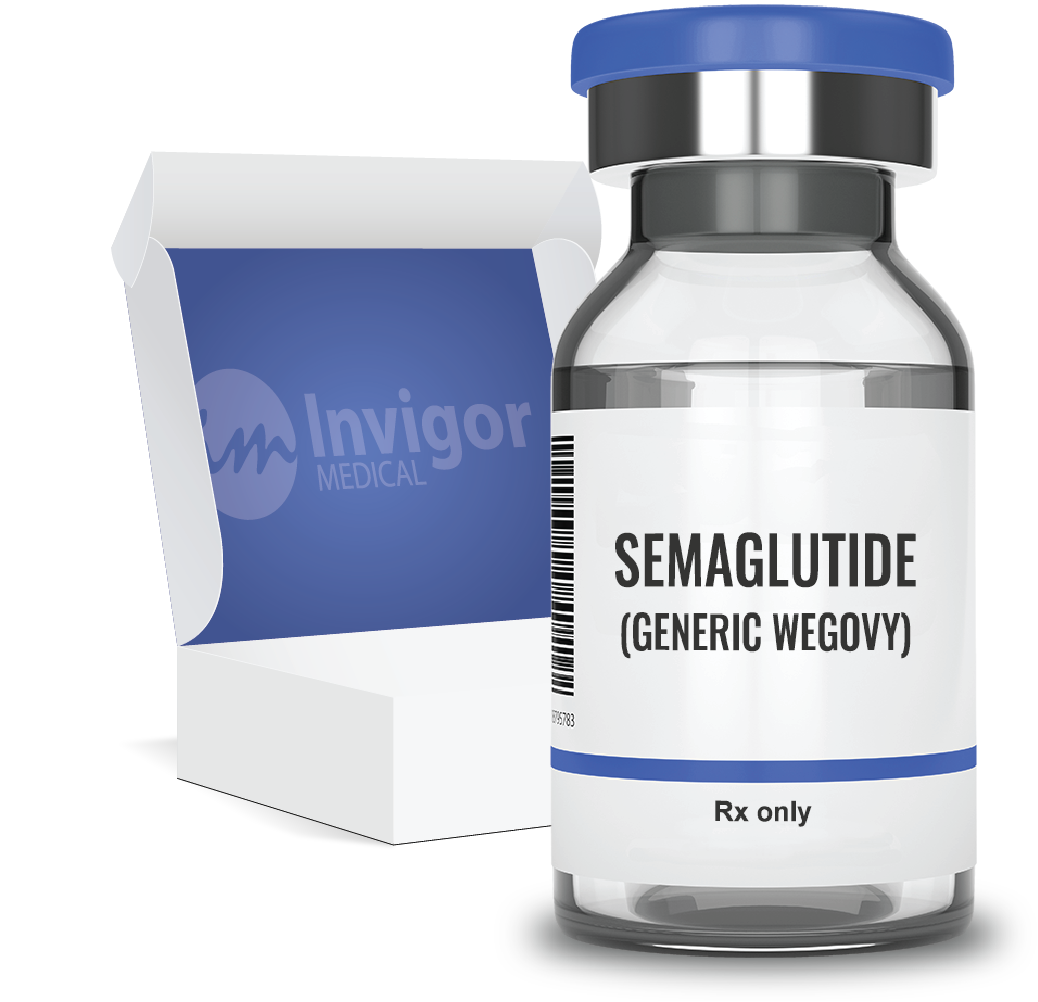 Vial of Semaglutide (generic Wegovy) with open box labeled