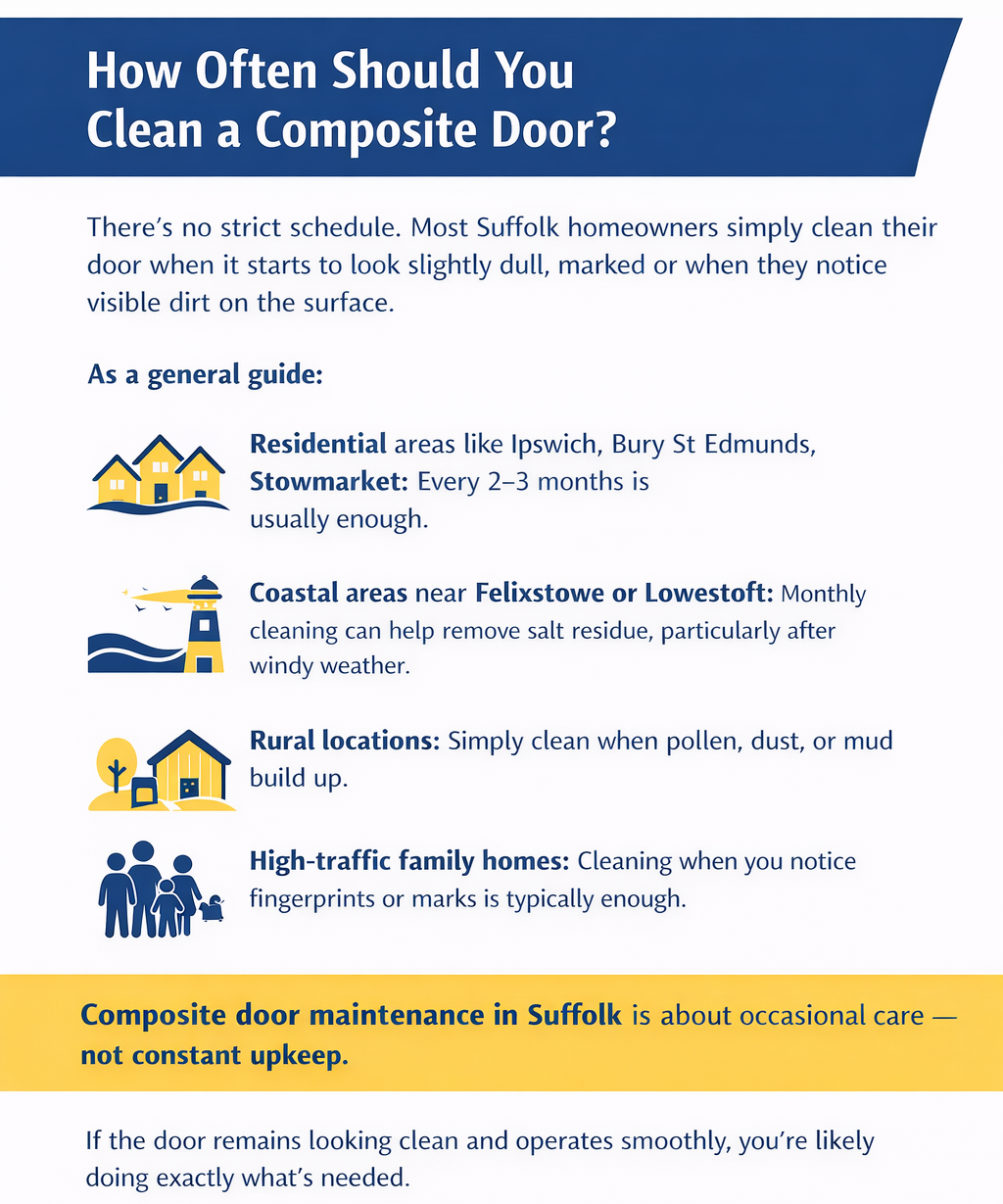 Step-by-step guide showing how to clean composite doors in Suffolk homes, including safe cleaning of GRP exterior door surfaces in different areas of Suffolk