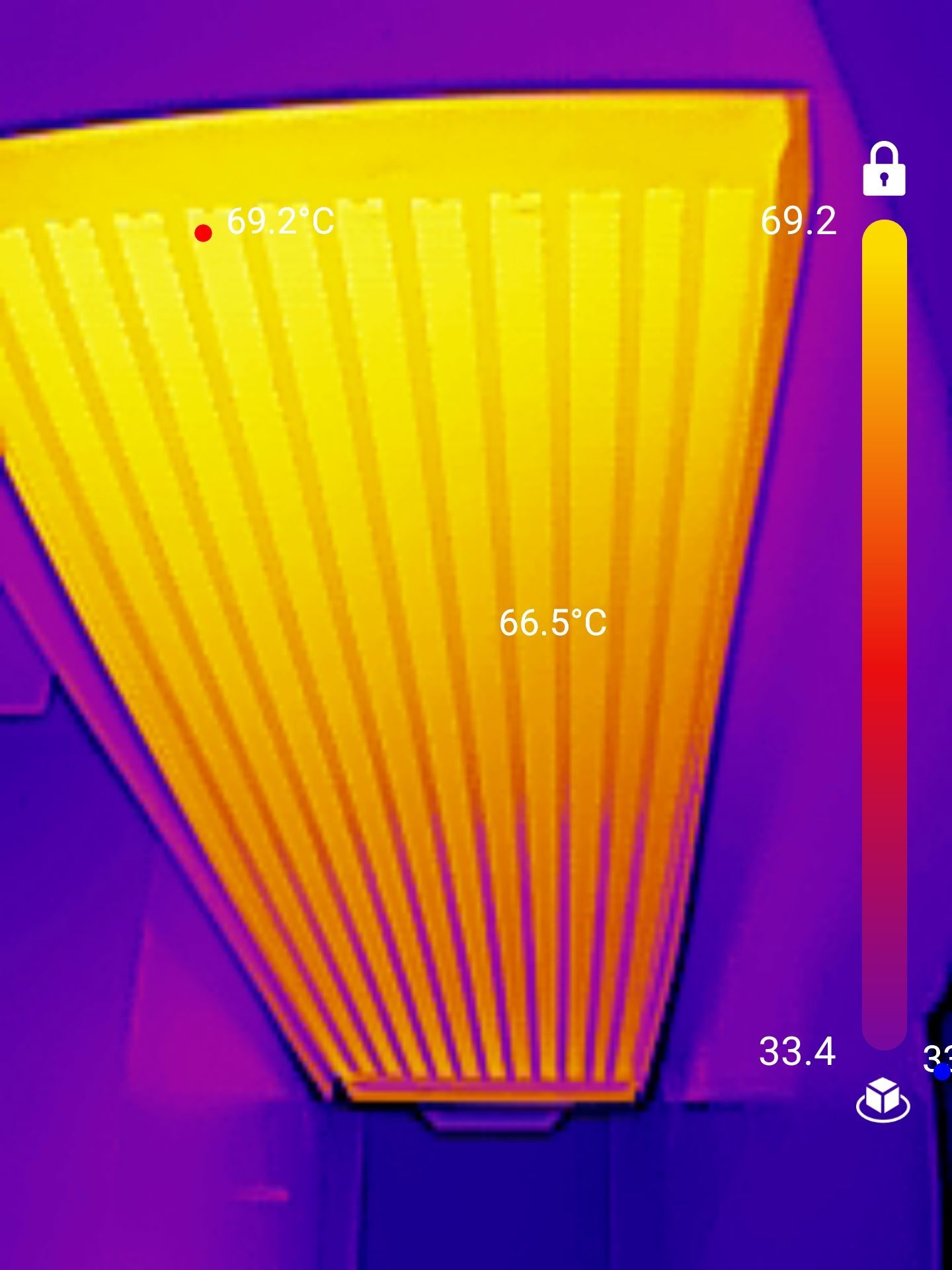 A thermal image of a radiator showing the temperature of the radiator.
