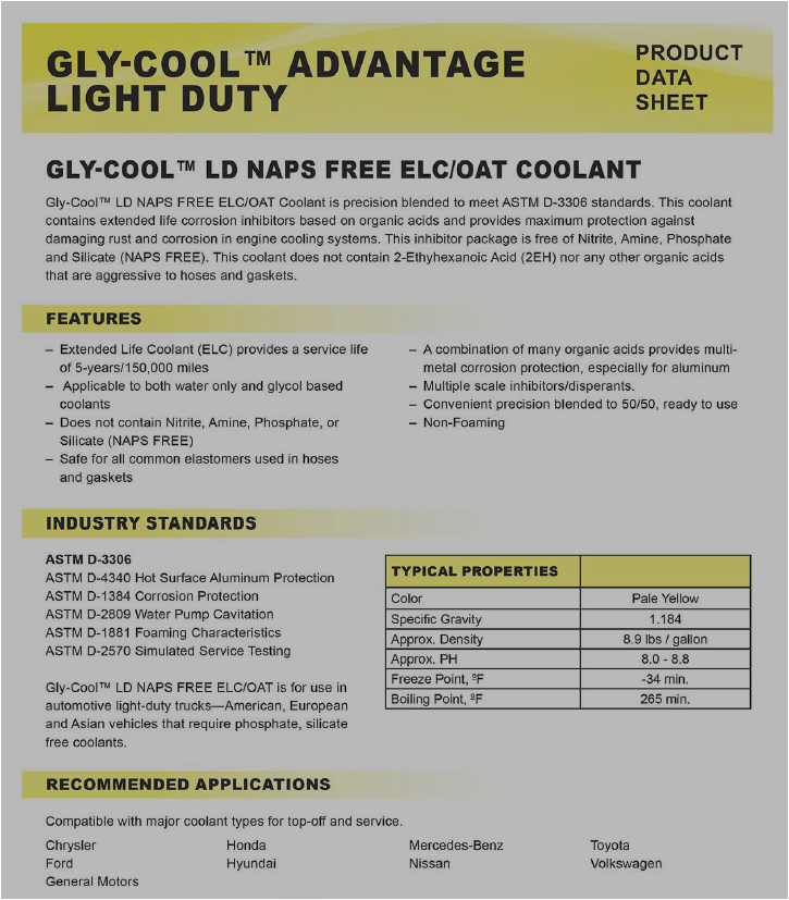 Product data sheet for Gly-Cool Advantage Light Duty, a NAPS-free engine coolant.