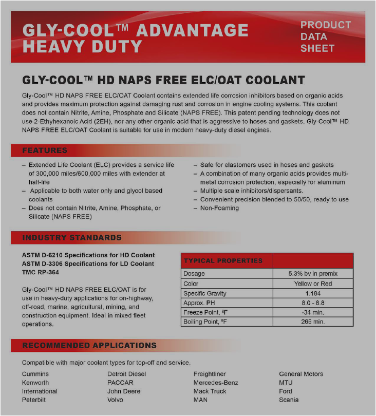 Product data sheet for Gly-Cool Heavy Duty NAPS-Free ELC/OAT coolant, listing features, specifications, and applications.