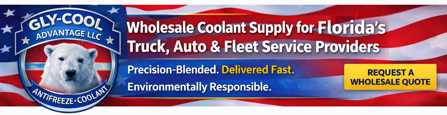 Banner for Gly-Cool Advantage featuring a polar bear logo, American flag background, and wholesale coolant supply text.
