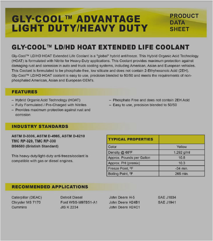 Product data sheet for GLY-COOL LD/HD HOAT Extended Life Coolant, detailing features, industry standards, and applications.