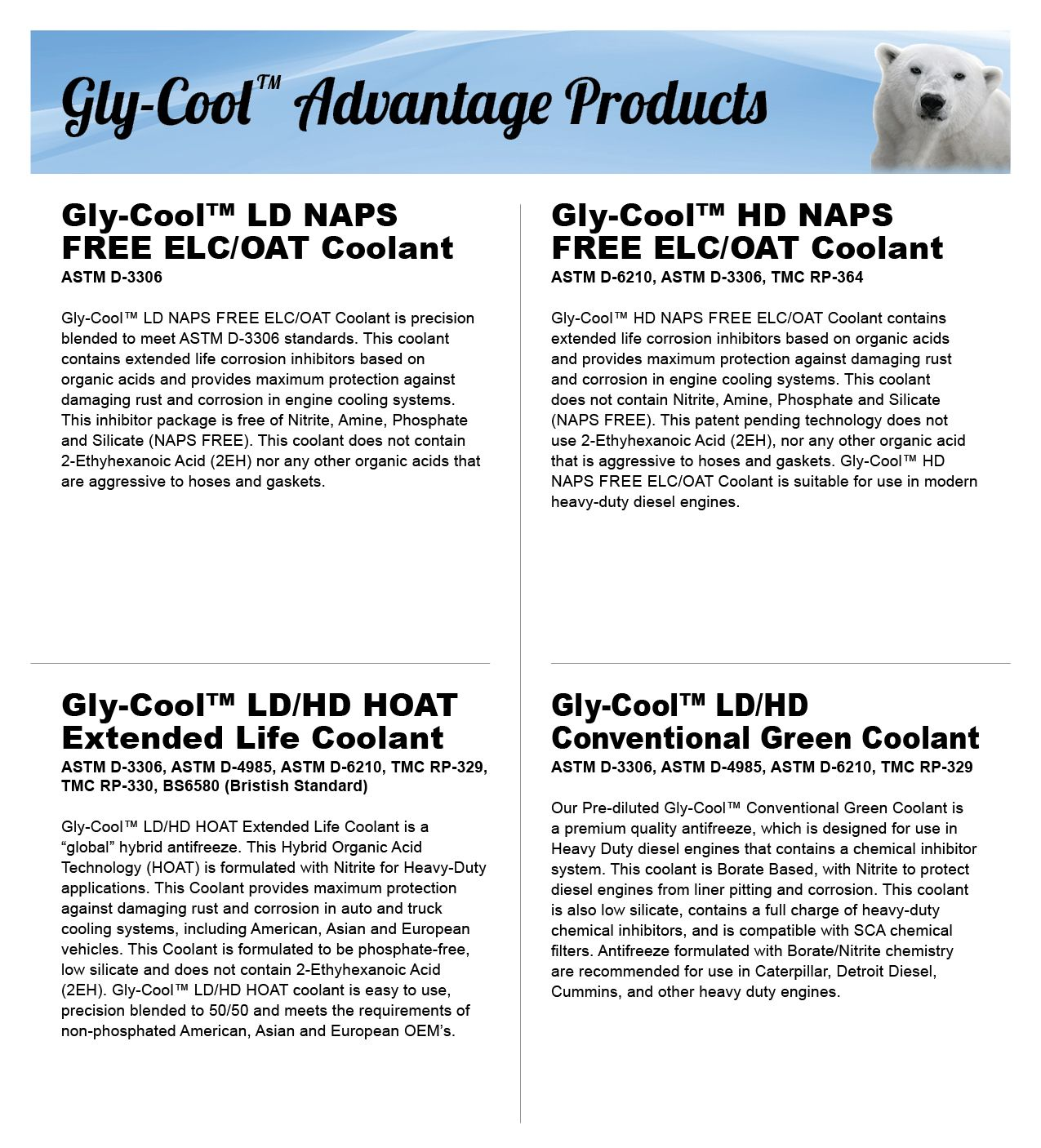 Gly-Cool Advantage Products chart listing descriptions and specifications for four different types of engine coolants.