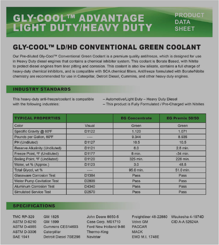 Product data sheet for GLY-COOL LD/HD Conventional Green Coolant, detailing its specifications and typical properties.