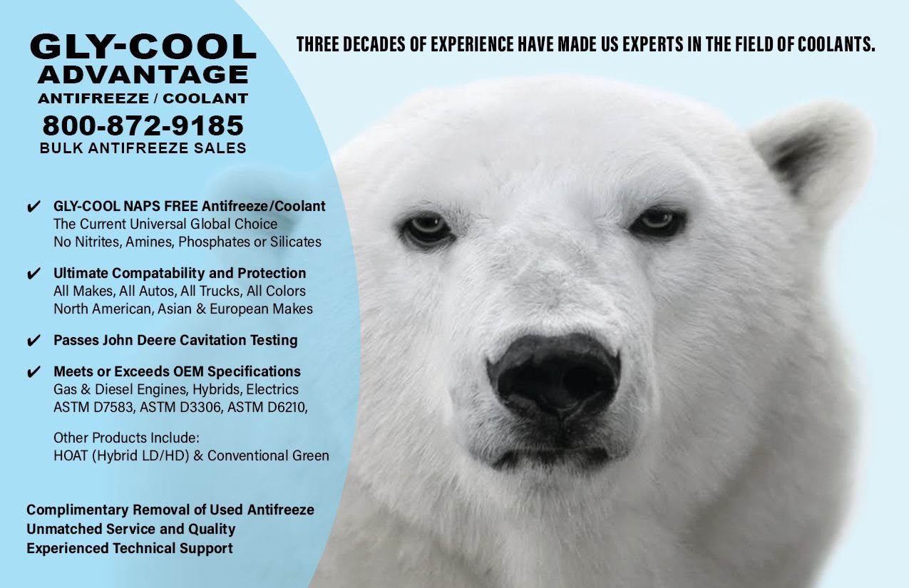 GLY-COOL antifreeze featuring a close-up of a polar bear and the brand's contact and product information.