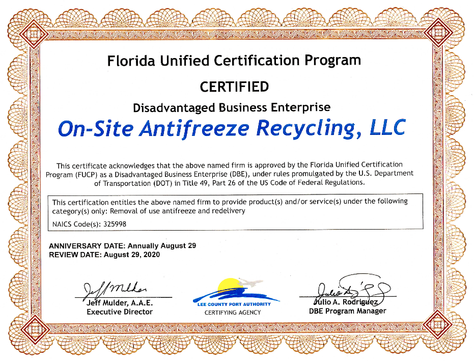 Certificate for On-Site Antifreeze Recycling, LLC as a certified Disadvantaged Business Enterprise in Florida.