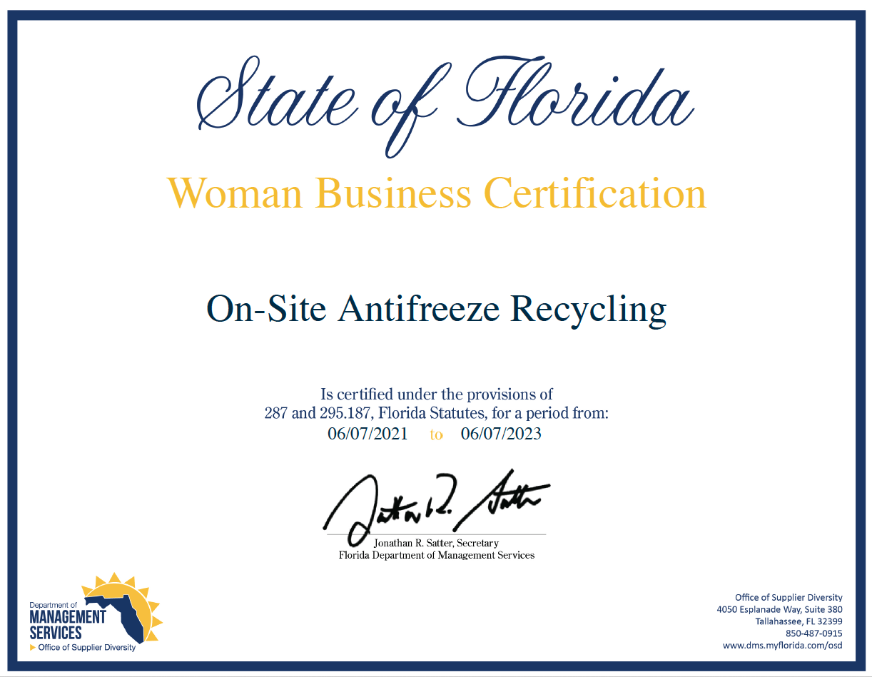 Florida Woman Business Certification for On-Site Antifreeze Recycling. Signed and dated.