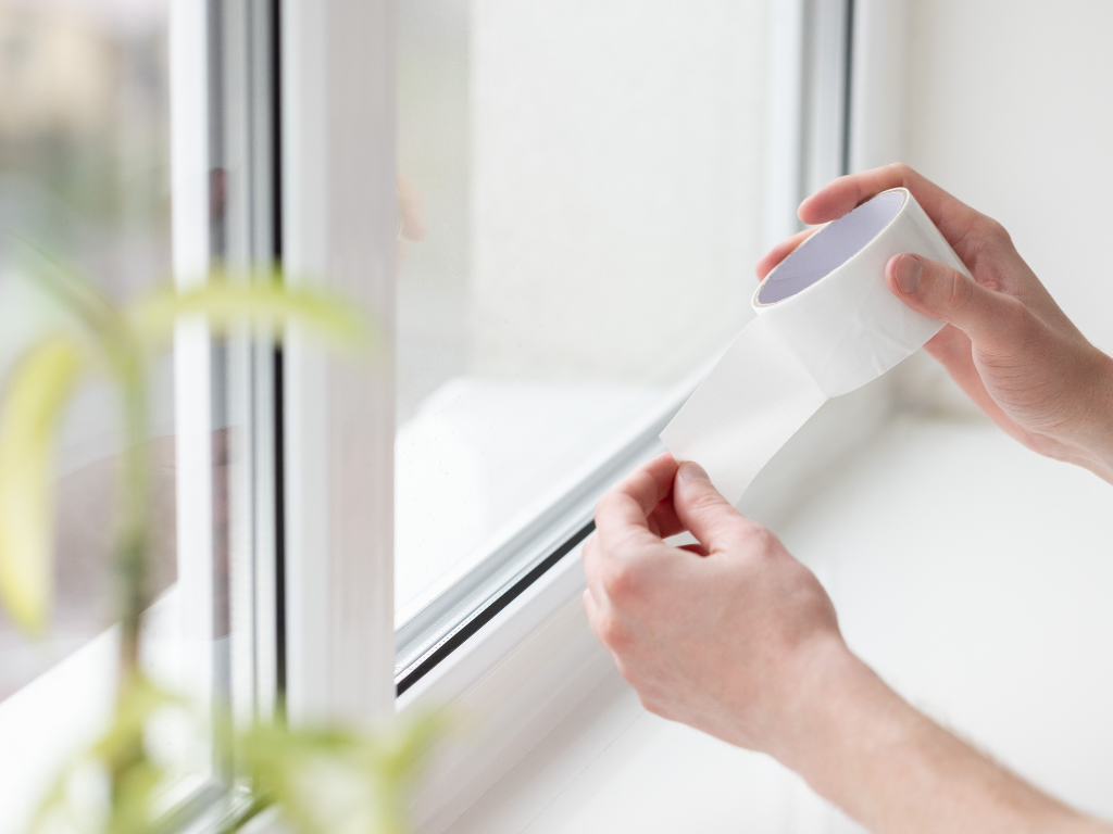 A person is holding a roll of tape in front of a window.