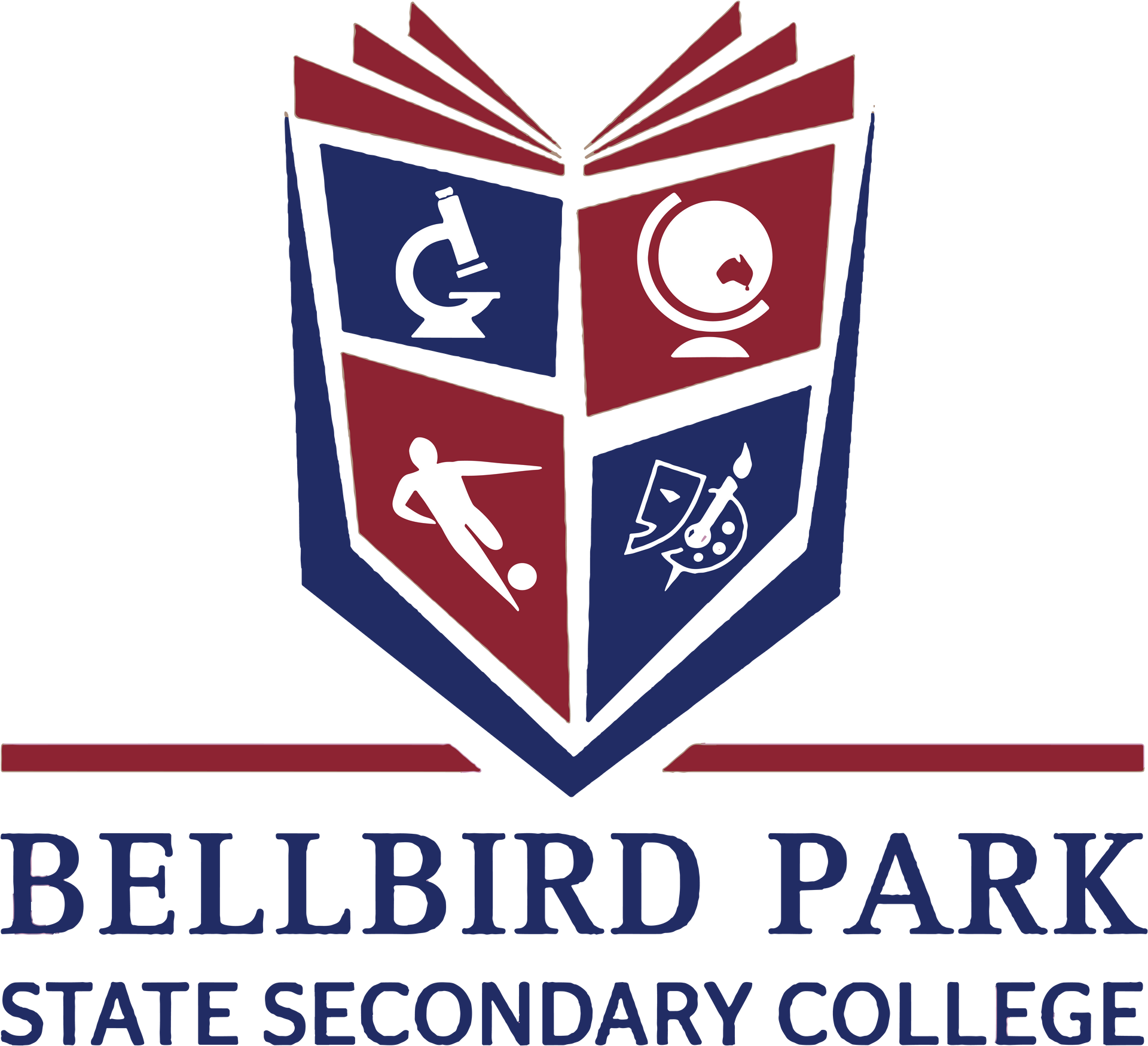 Bellbird Park State Secondary College logo: open book with science, geography, sports, and arts icons.