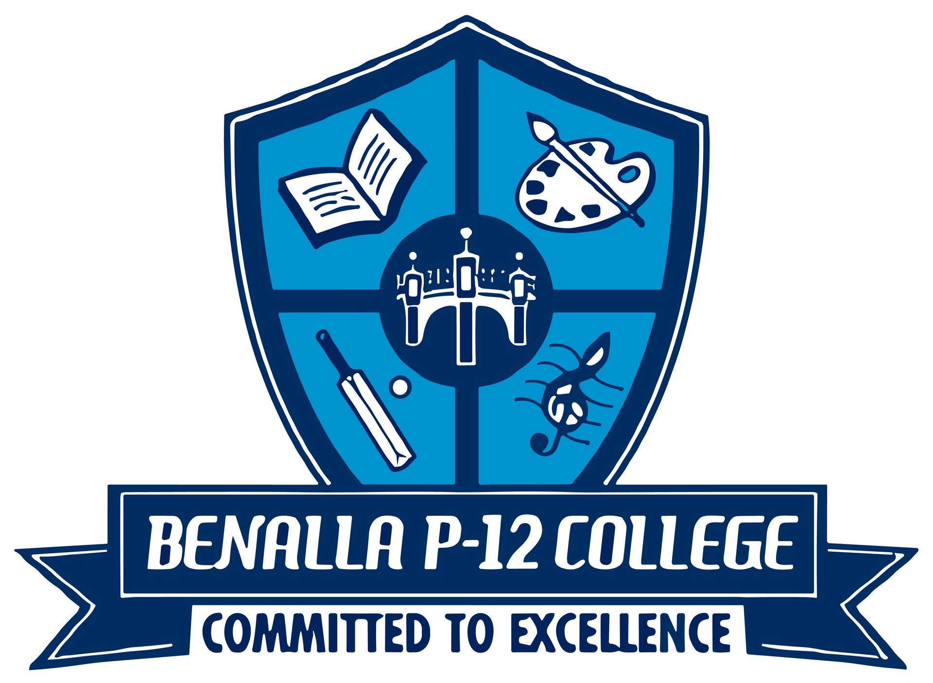 Benalla P-12 College logo: blue shield with icons of book.  Text reads "Benalla P-12 College, Committed to Excellence."