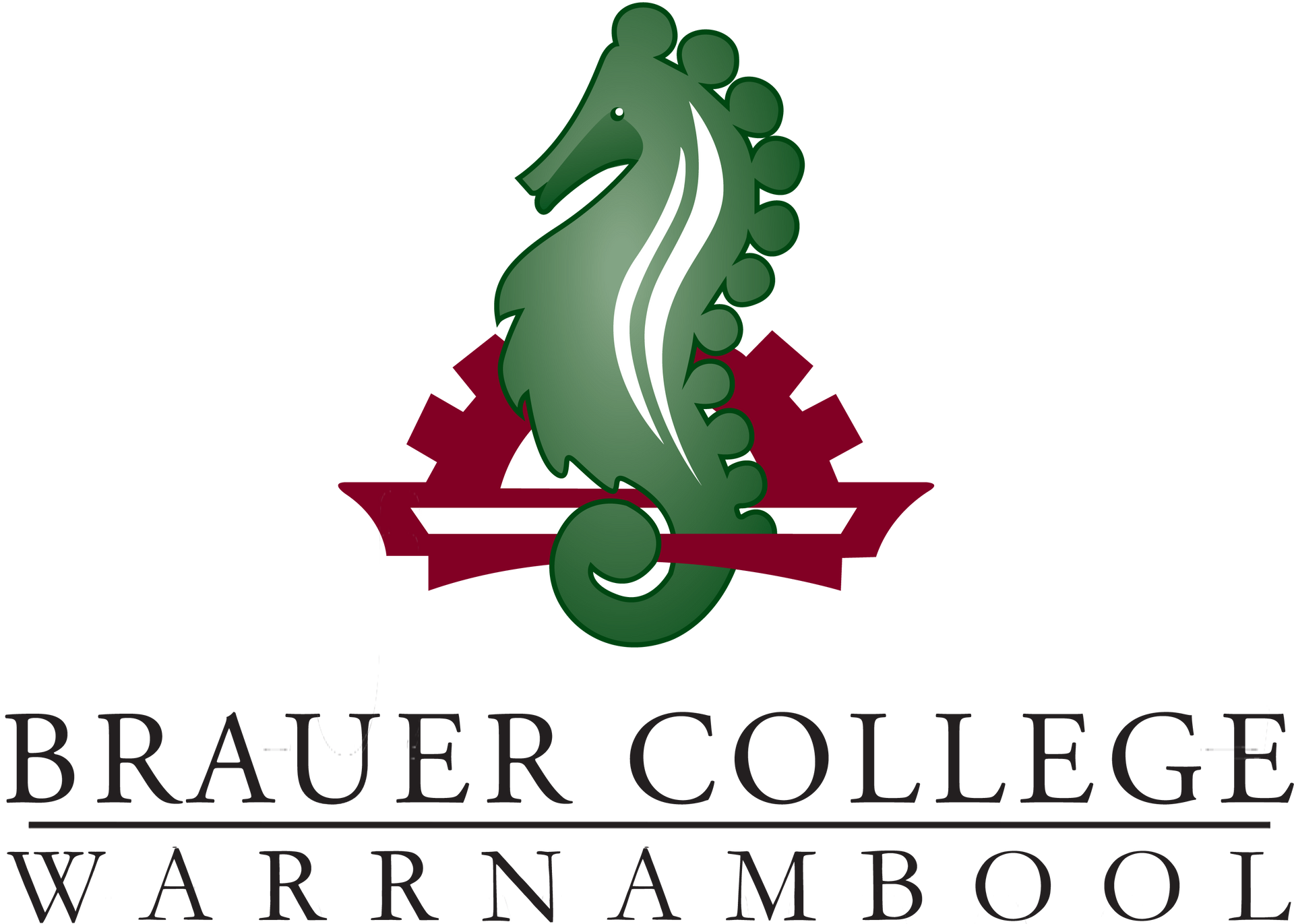 Brauer College logo: Seahorse over a gear, burgundy and green, "Brauer College Warrnambool" text.