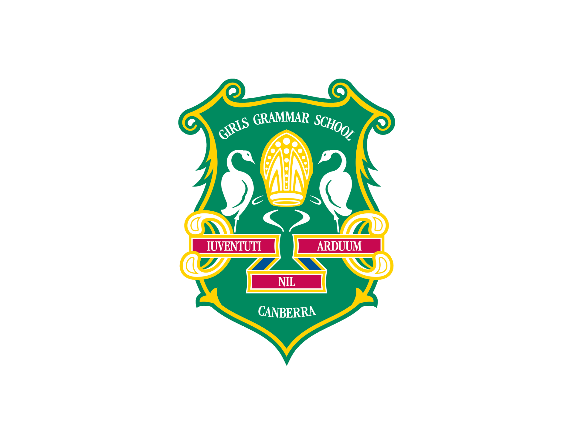 Girls Grammar School emblem, green shield with dove, scroll and gold accents.