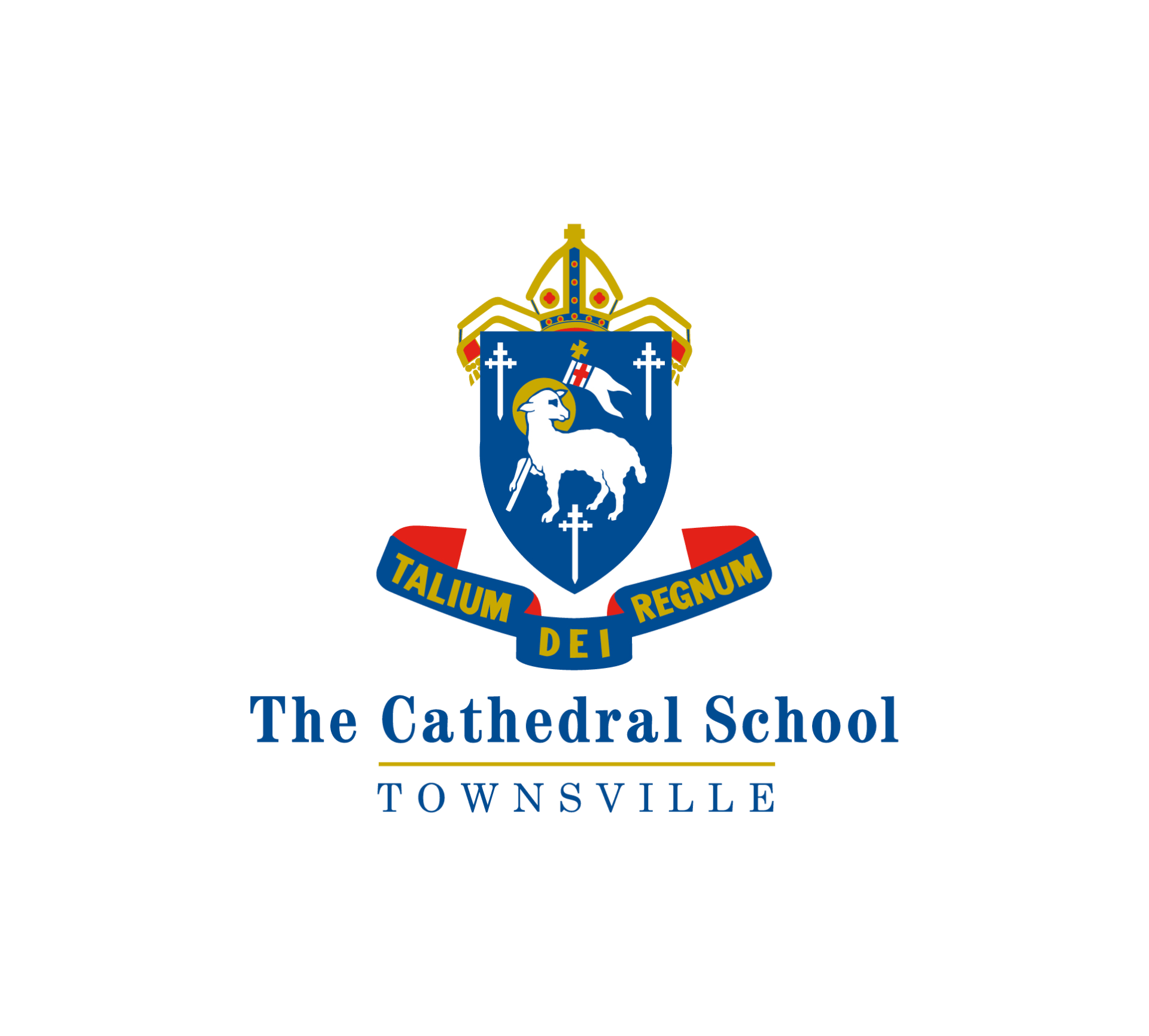 The Cathedral School Townsville logo: blue shield with a lamb, gold crown, red banner with text.