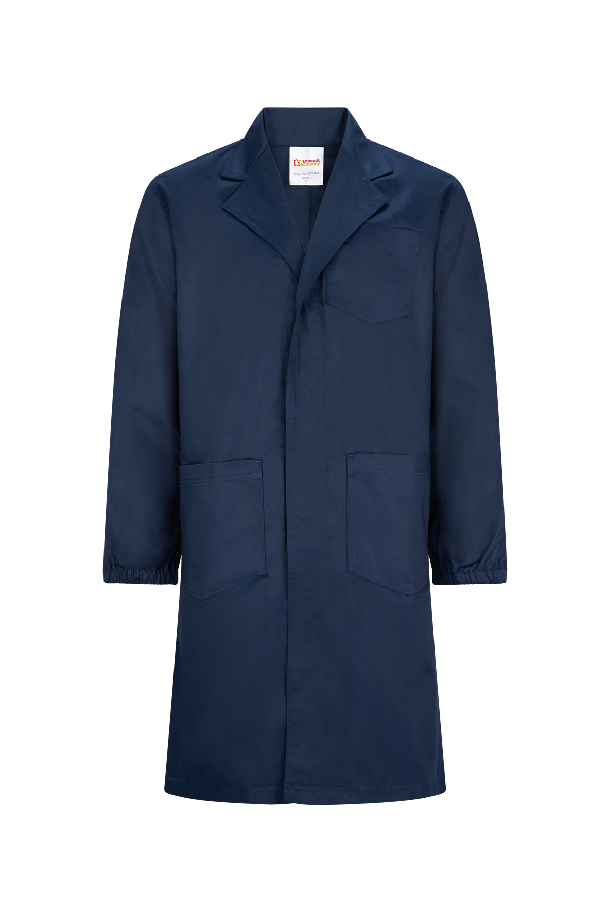 Navy blue lab coat with a notched collar and two large pockets.
