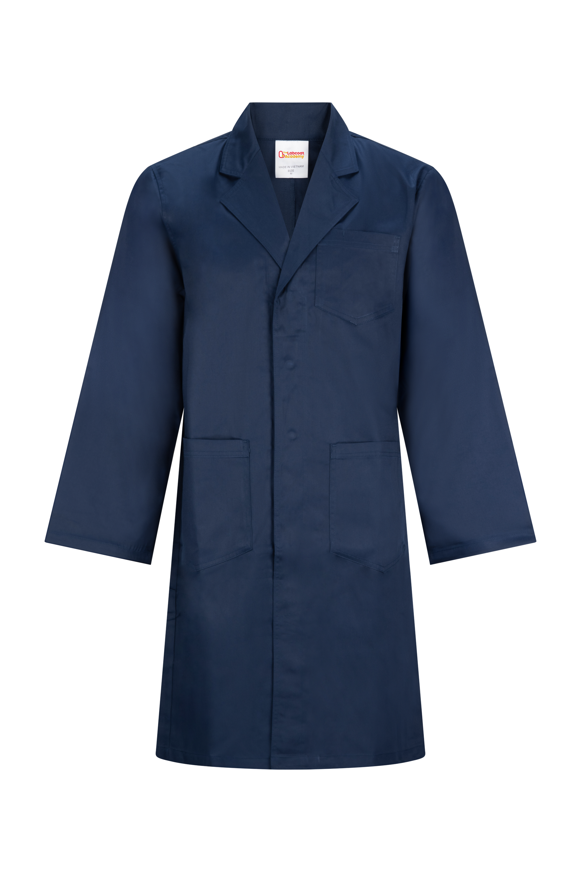 Navy blue lab coat with collar and pockets.