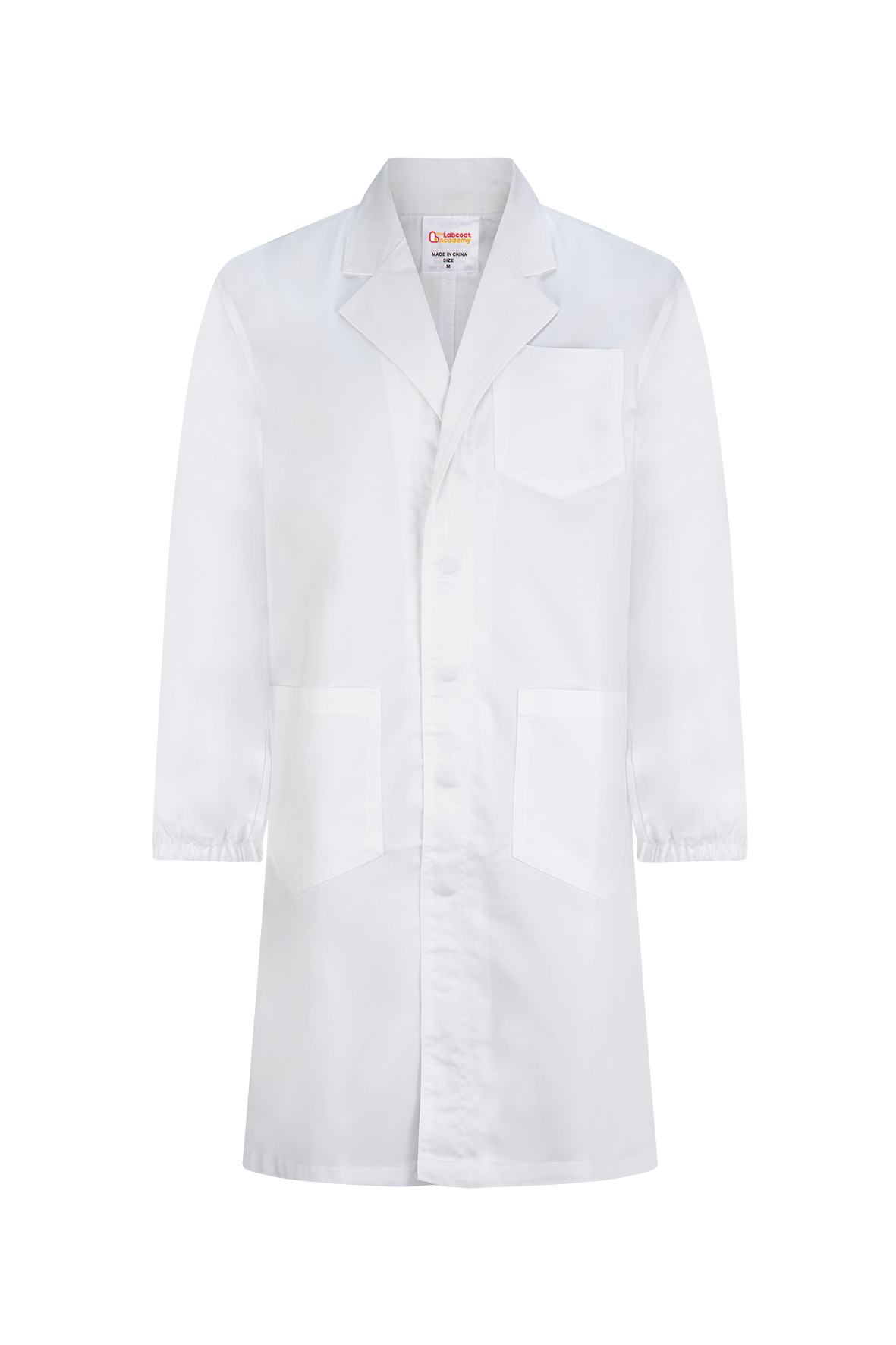 White lab coat with long sleeves and front pockets.
