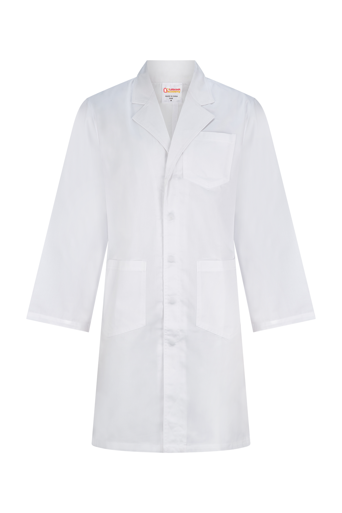 White lab coat with long sleeves, buttoned up, and a chest pocket.