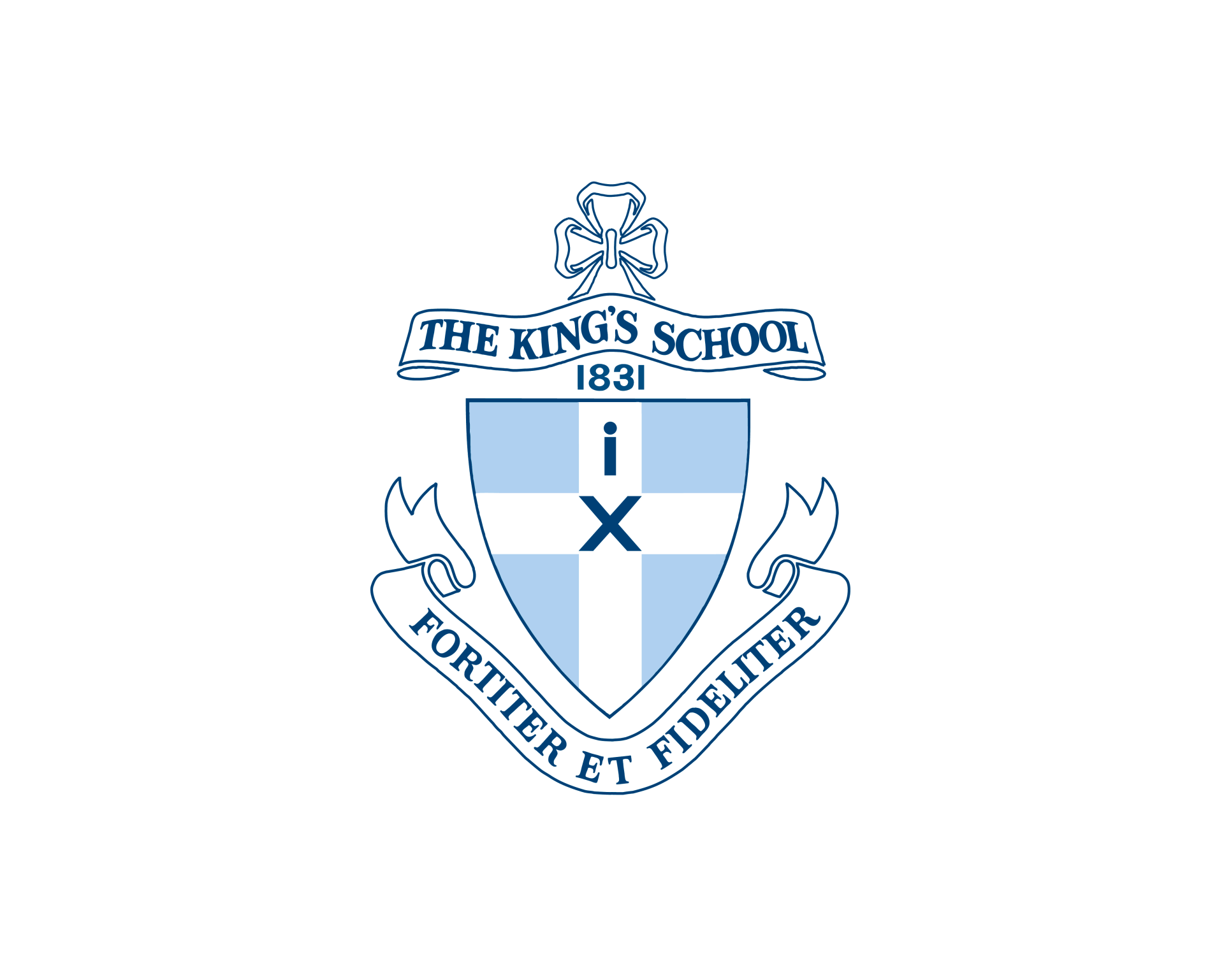 Logo of The King's School: crest with blue and white cross, motto 