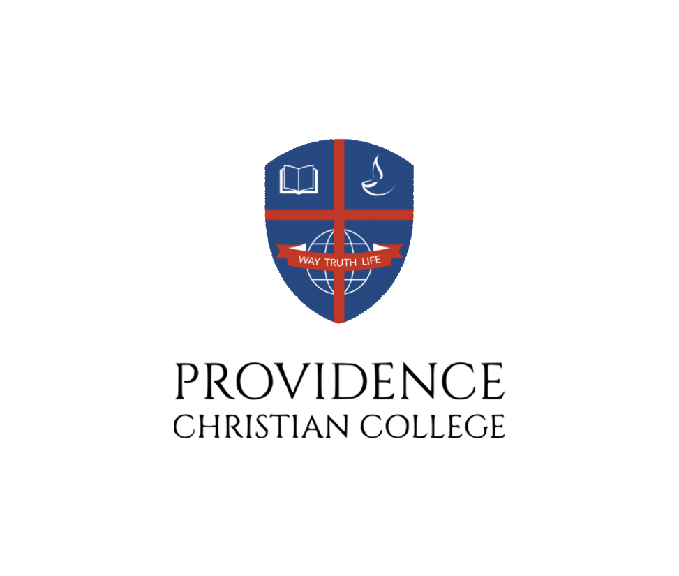 Logo for Providence Christian College: Shield with a book, dove, and globe; text below reads 