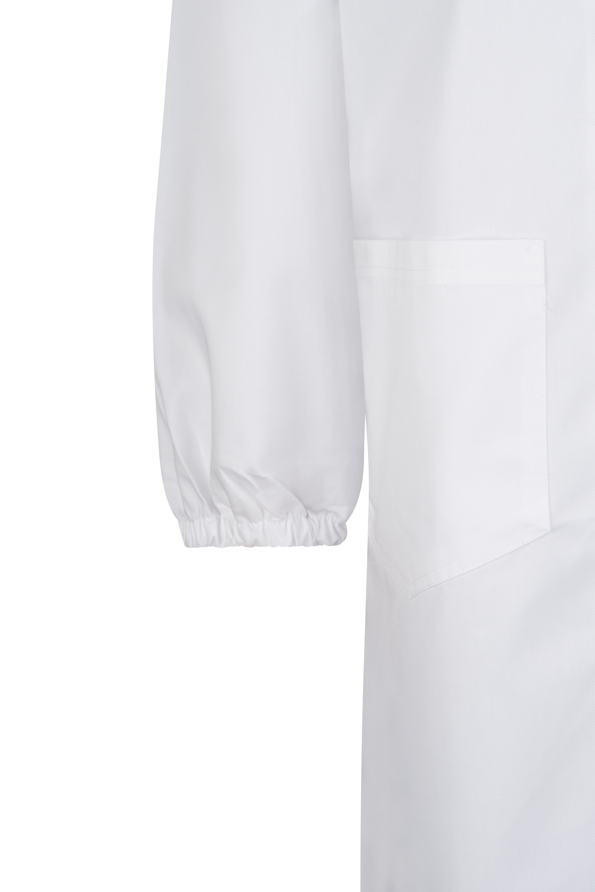 White lab coat sleeve with elastic cuff and pocket.