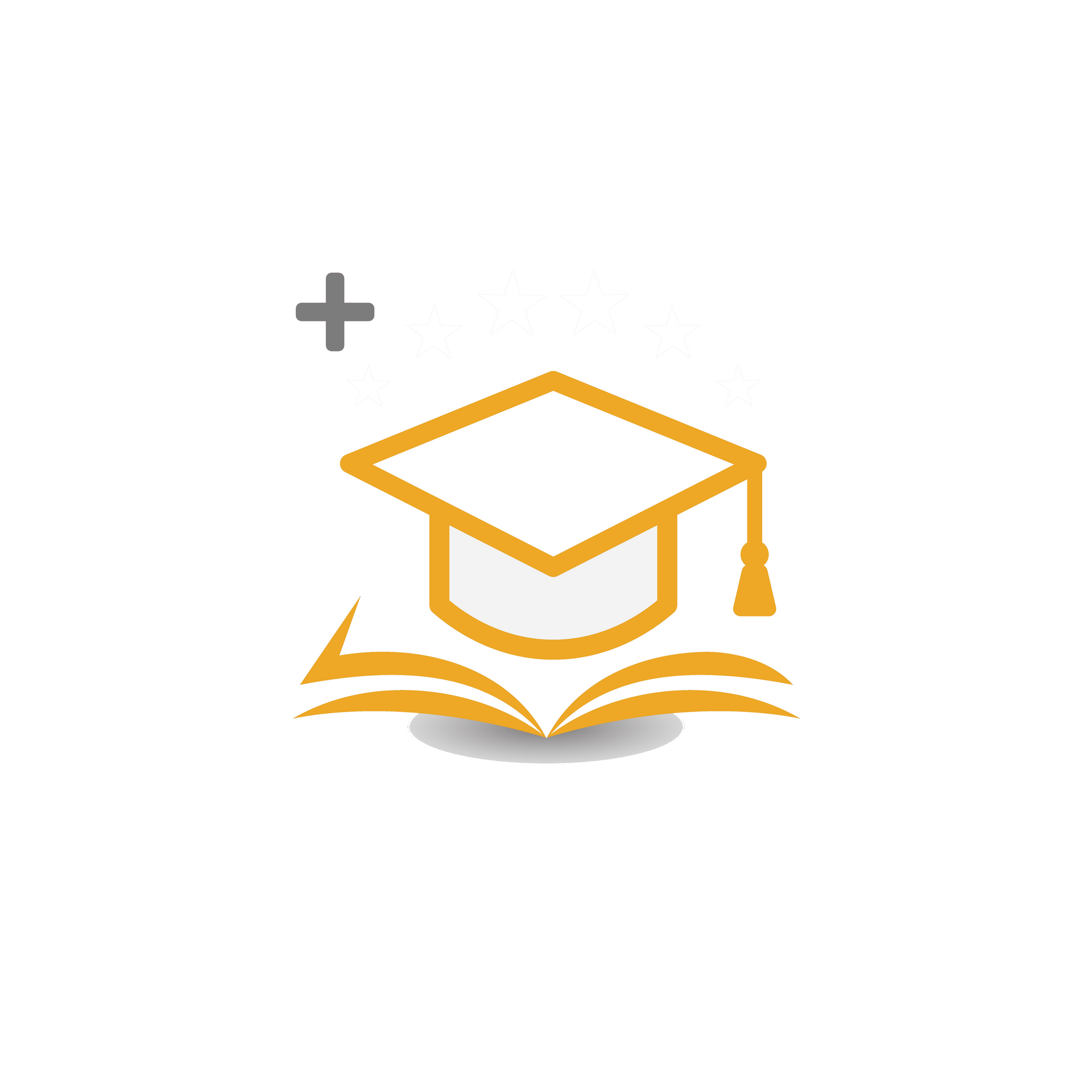 Yellow graduation cap on an open book, plus sign above.
