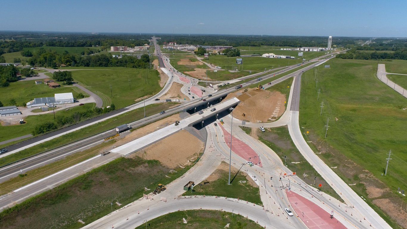 An aerial view of a highway intersection under construction.