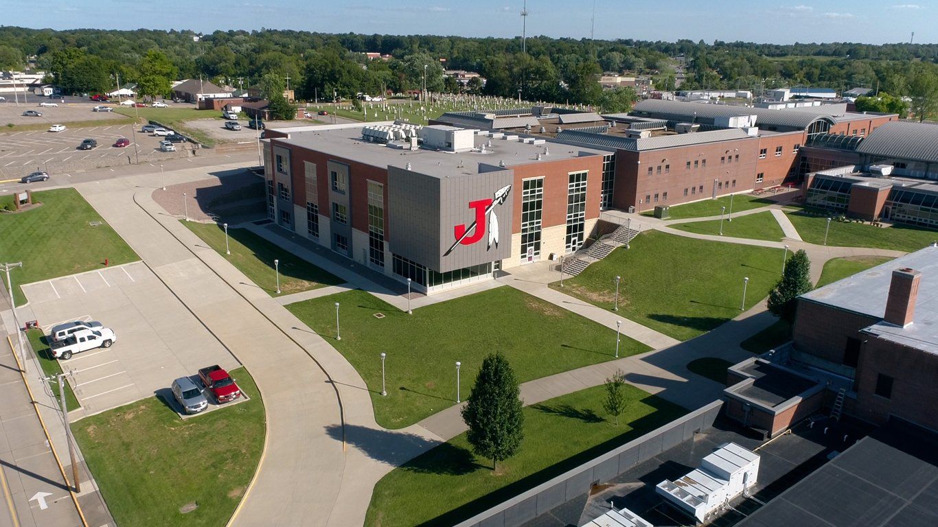 An aerial view of a large building with the letter j on it.