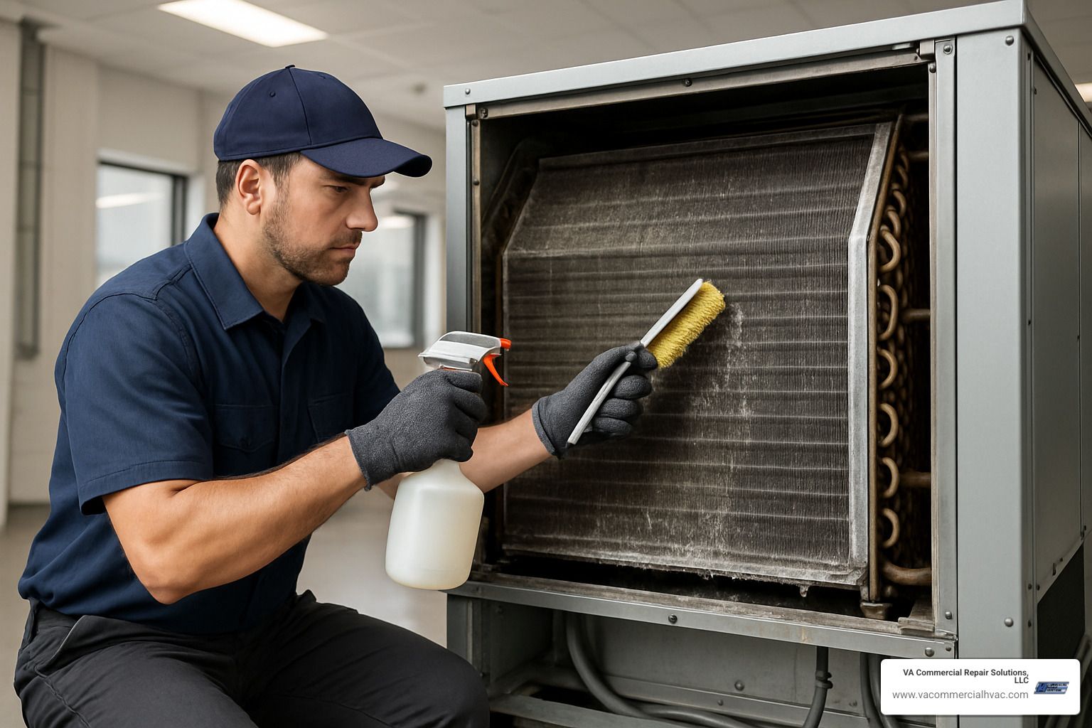 A man cleaning an air conditioning unit with a spray bottle and brush.