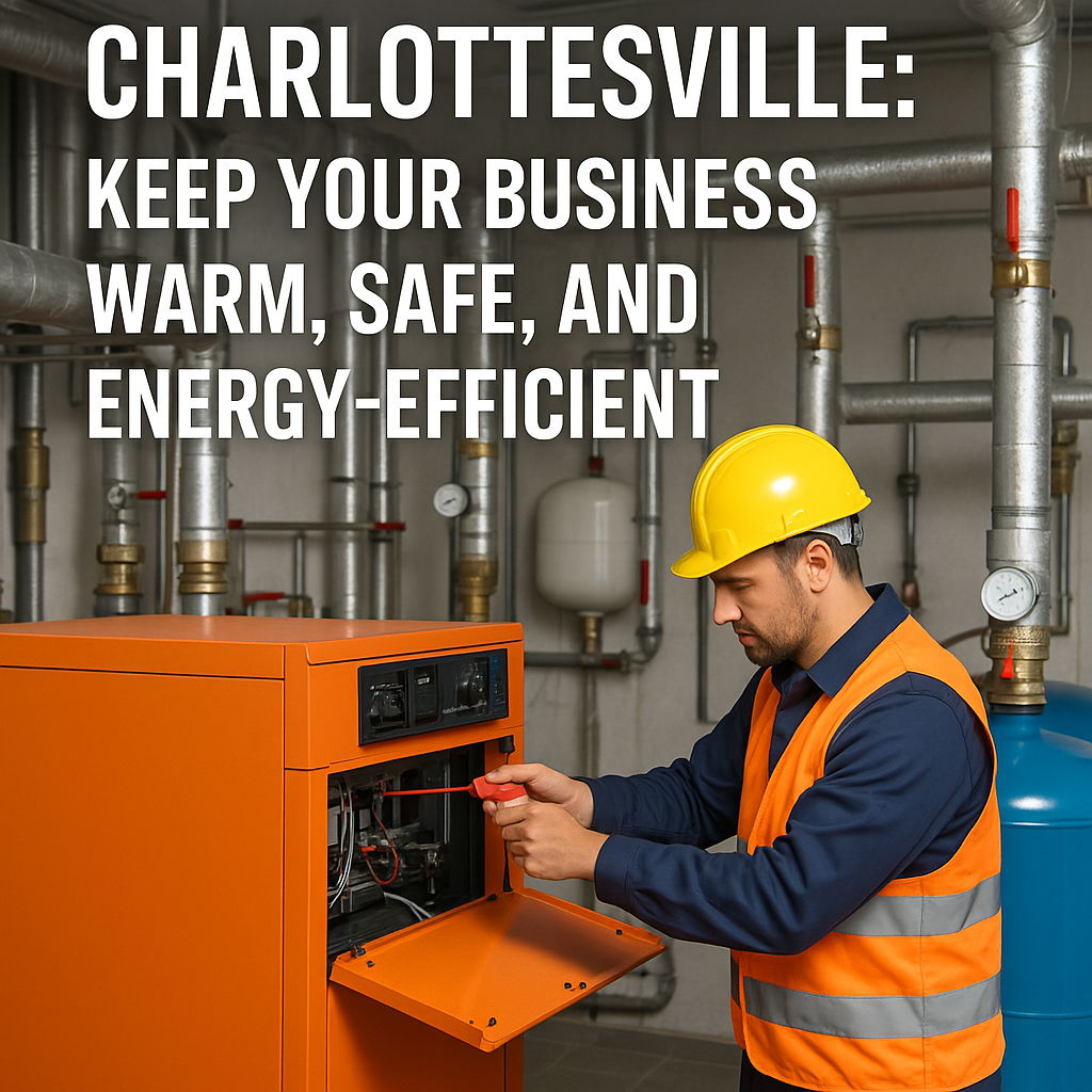 Man in a hardhat and vest working on commercial boiler repair  in a business setting.