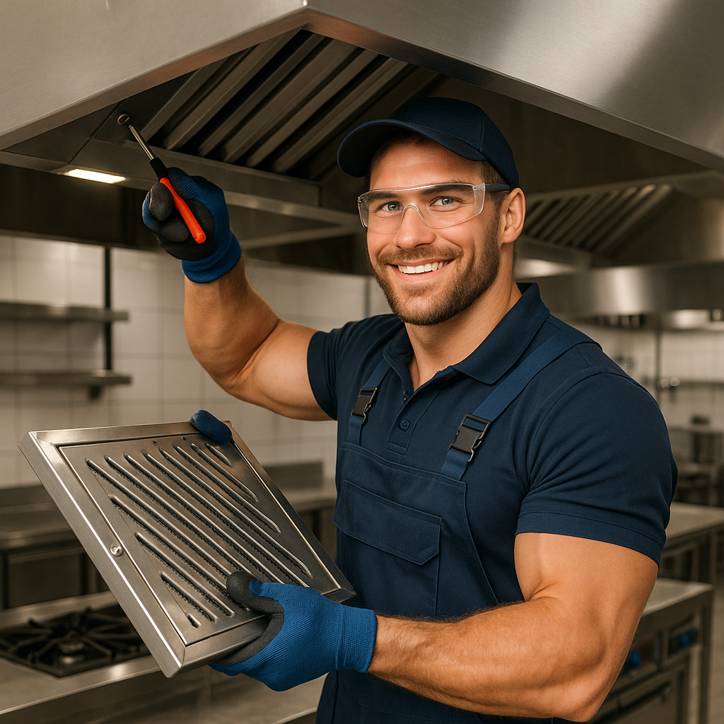 A man is fixing a hood in a kitchen while holding a screwdriver.