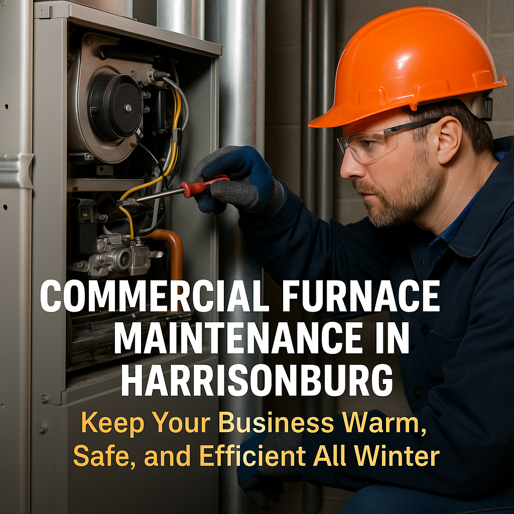A technician inspecting a commercial furnace in Harrisonburg. Text: 