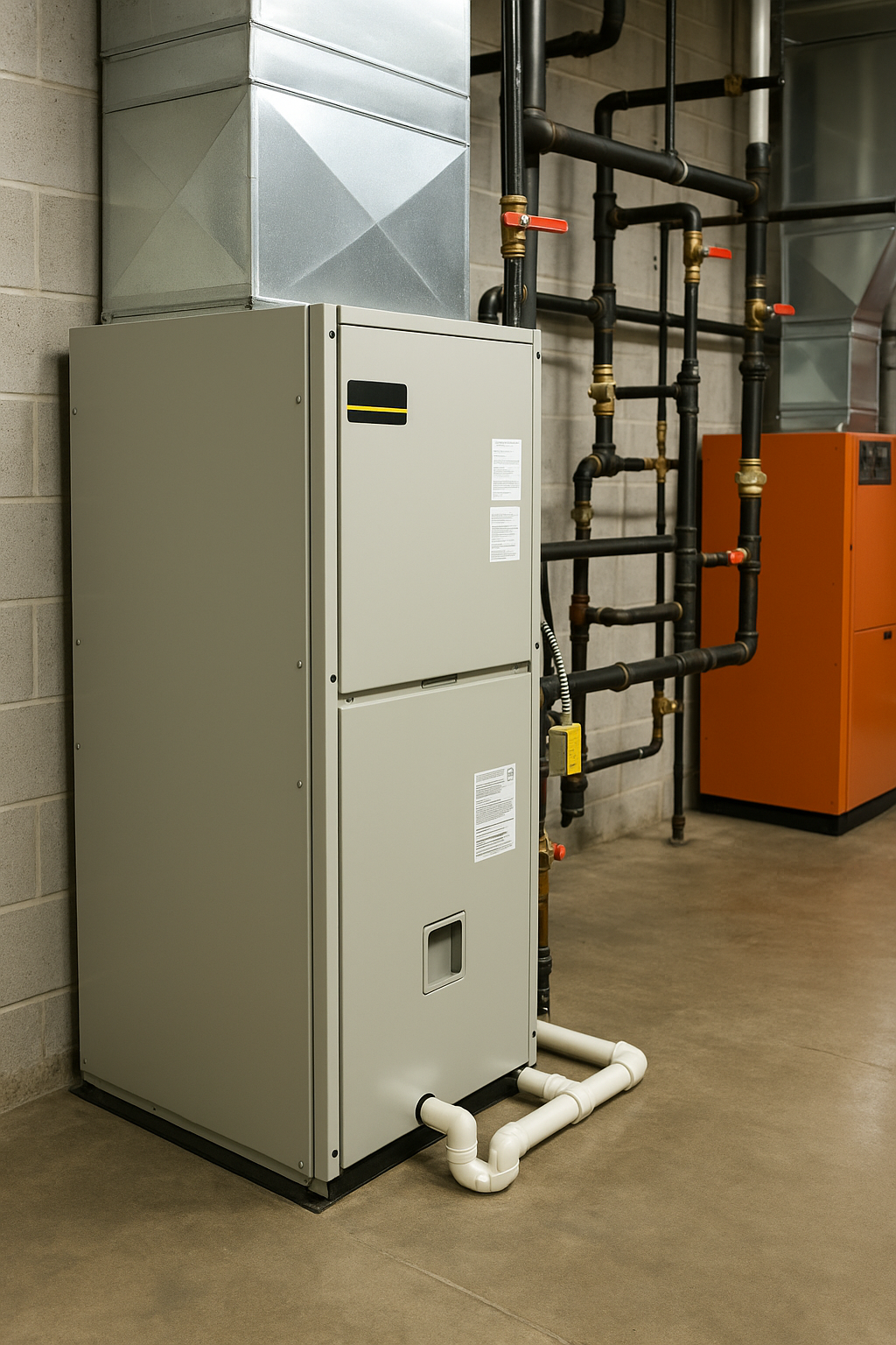 Heating and cooling unit in a basement, with ductwork and pipes. Gray and orange colors.
