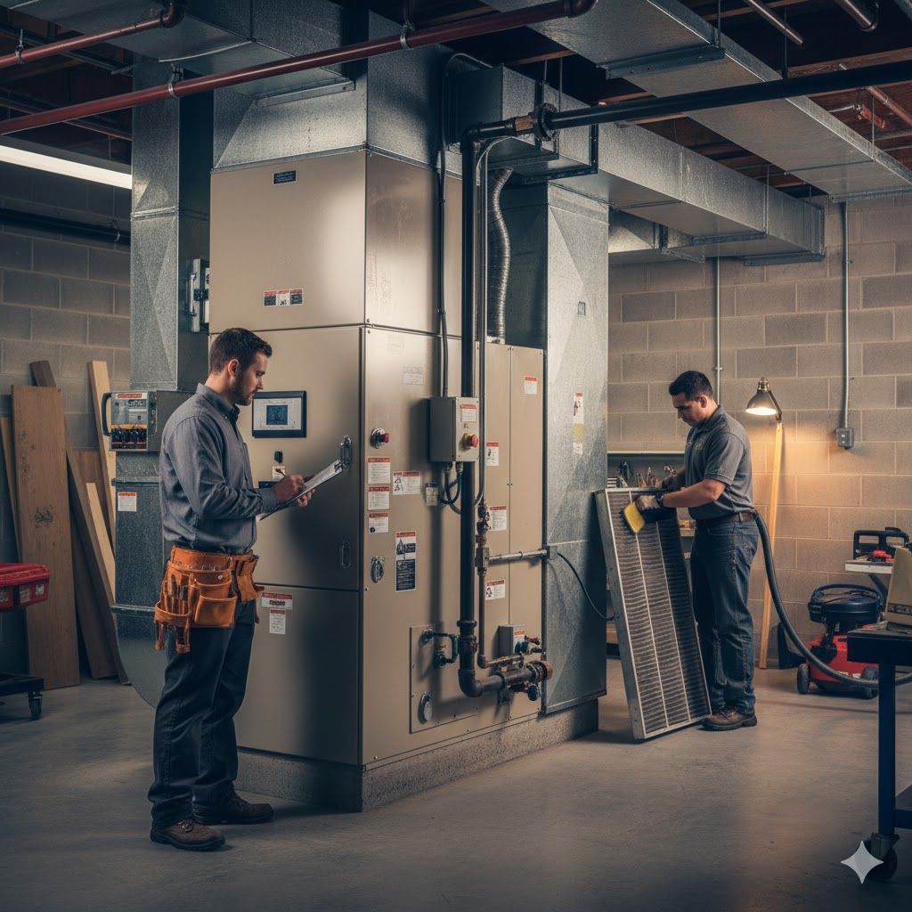 Two technicians inspect HVAC equipment in a mechanical room; one holds paperwork, the other works on a panel.