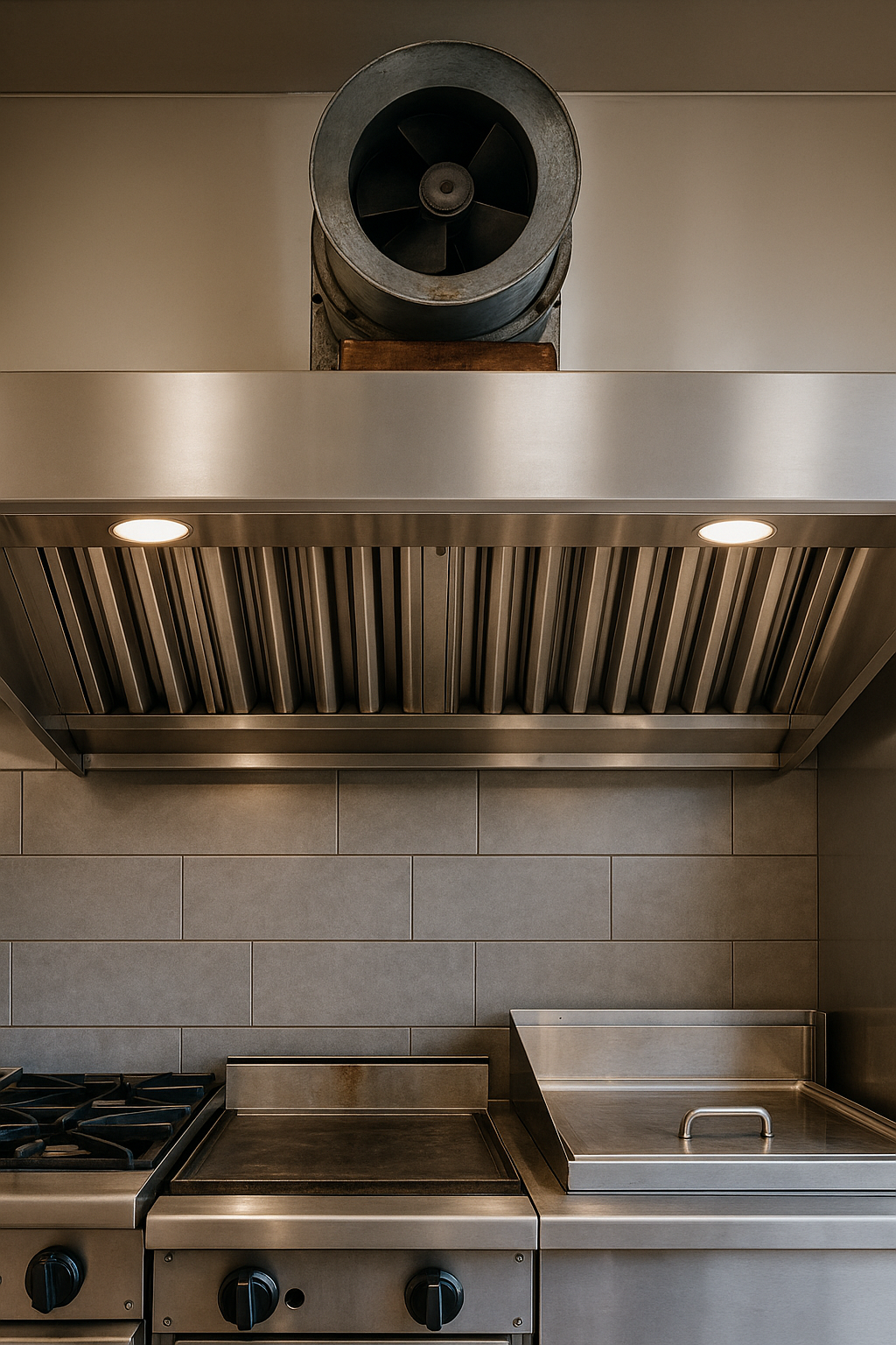 Commercial kitchen range hood and ventilation system over cooking surfaces.